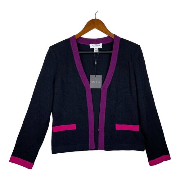 NWT St. John Black Pink Open & Snap Front Wool Blend Knit Sweater Size Small - Picture 1 of 11